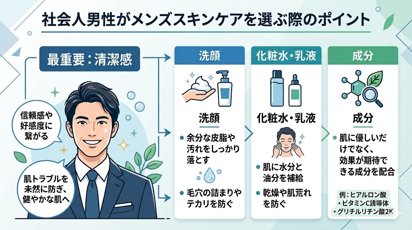 社会人男性がメンズスキンケアを選ぶ際のポイント -清潔感-